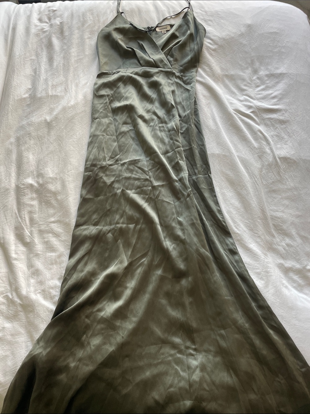L'AGENCE Olive Green Satin Maxi Slip Dress